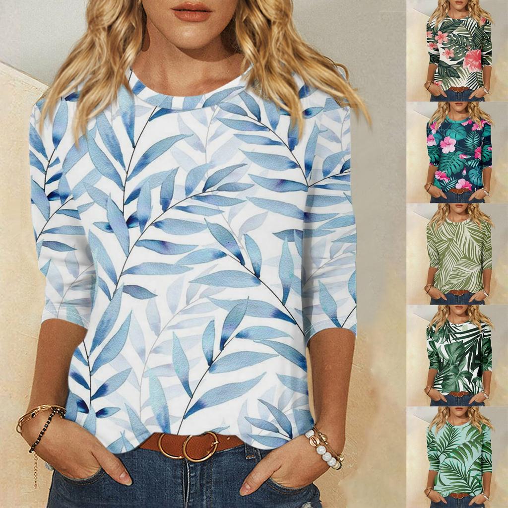 Women's Fashion Casual Round Neck 3/4 Sleeve Loose Printed T-Shirt Ladies Top