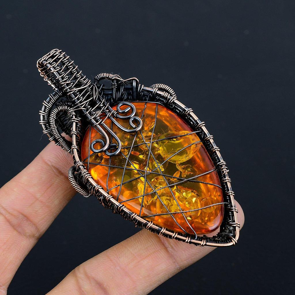 Baltic Amber Pendant, 999 Copper Wire Wrapped Gemstone Jewelry, Handmade Pendant For Mother Day