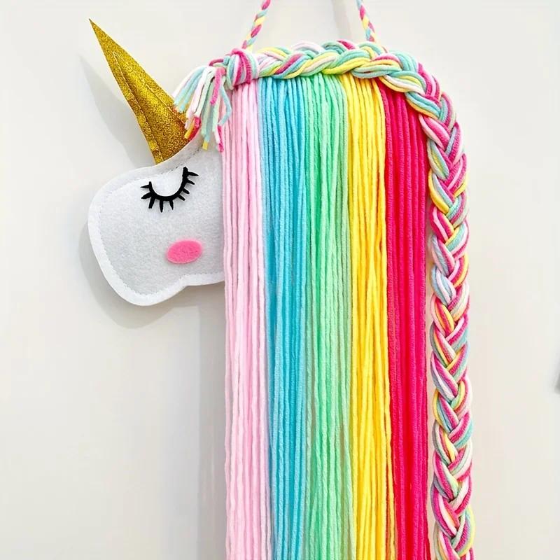 Handmade Boho Unicorn Wall Hanging Organizer - Felt Animal Head Hair Accessory Storage Strip, Charming Room Decor for Girls
