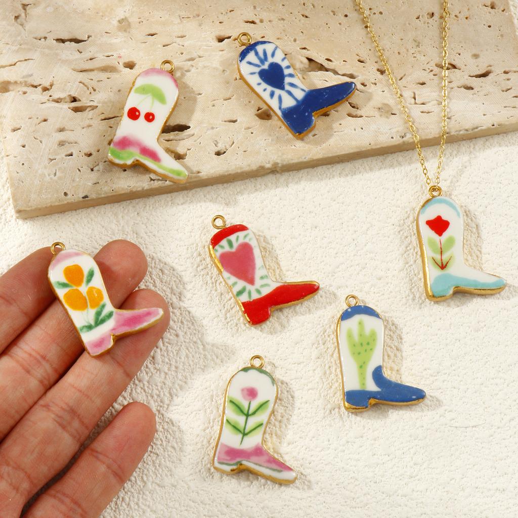 2PCs Ceramic West Cowboy Boots 304 Stainless Steel Pendants 18K Gold Plated Charms For Jewelry Neckalce Making 3.4cm x 2.3cm