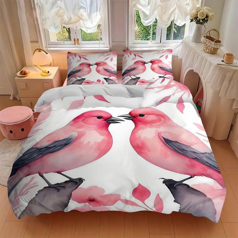 3pcs Two Pink Birds in Love Bedding Set, Including 1 Quilt Cover and 2 Pillow Shams, Without Filling, Soft and Comfortable Home Bedroom Fabric