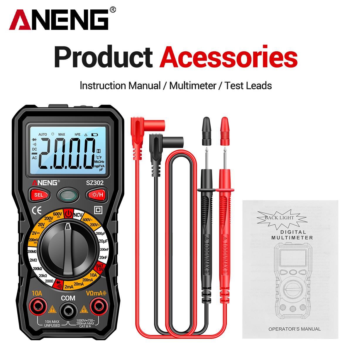 

Цифровий мультиметр ANENG SZ302 Автоматичний тестер струму змінного/постійного струму NCV Детектор Ом Амперметр Вимірювач ємності without box чорний