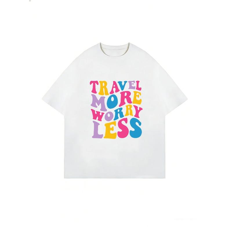 Oversized T Shirt Black Travel More Worry Less Colorful Text Print Casual Wear For Women Summer Outfit Streetwear Fashion