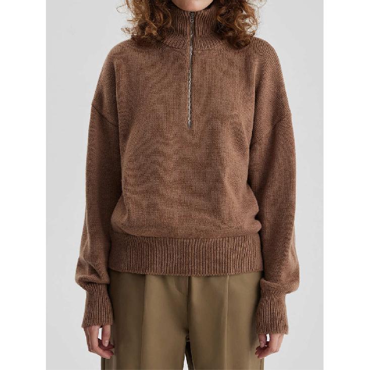 Knitted Lady'S Sweater Stand Collar Drop Shoulder Sleeves Loose Oversized Zippers Fluffy Pullover Autumn Casual Jumper