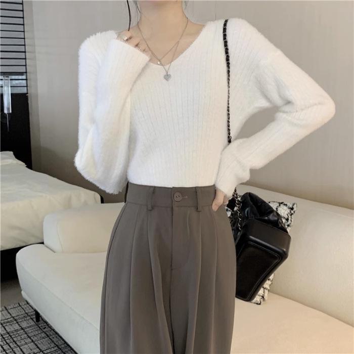 

Женский мягкий вязаный свитер с V-образным вырезом: Облегающий флис из искусственной норки на весну, осень, зиму One Size белый