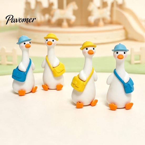Holiday Decorations for Home 4Pcs Mini Goose Figurines, Miniature Geese Statues with Hat & Bag, Tiny Resin Animal Cute Room Decor Micro Landscape