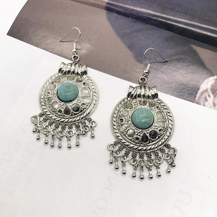 Vintage Indian Style Exaggerated Earrings Large Round Inlaid Turquoise Fringed Earrings Ethnic Style Women's Earrings