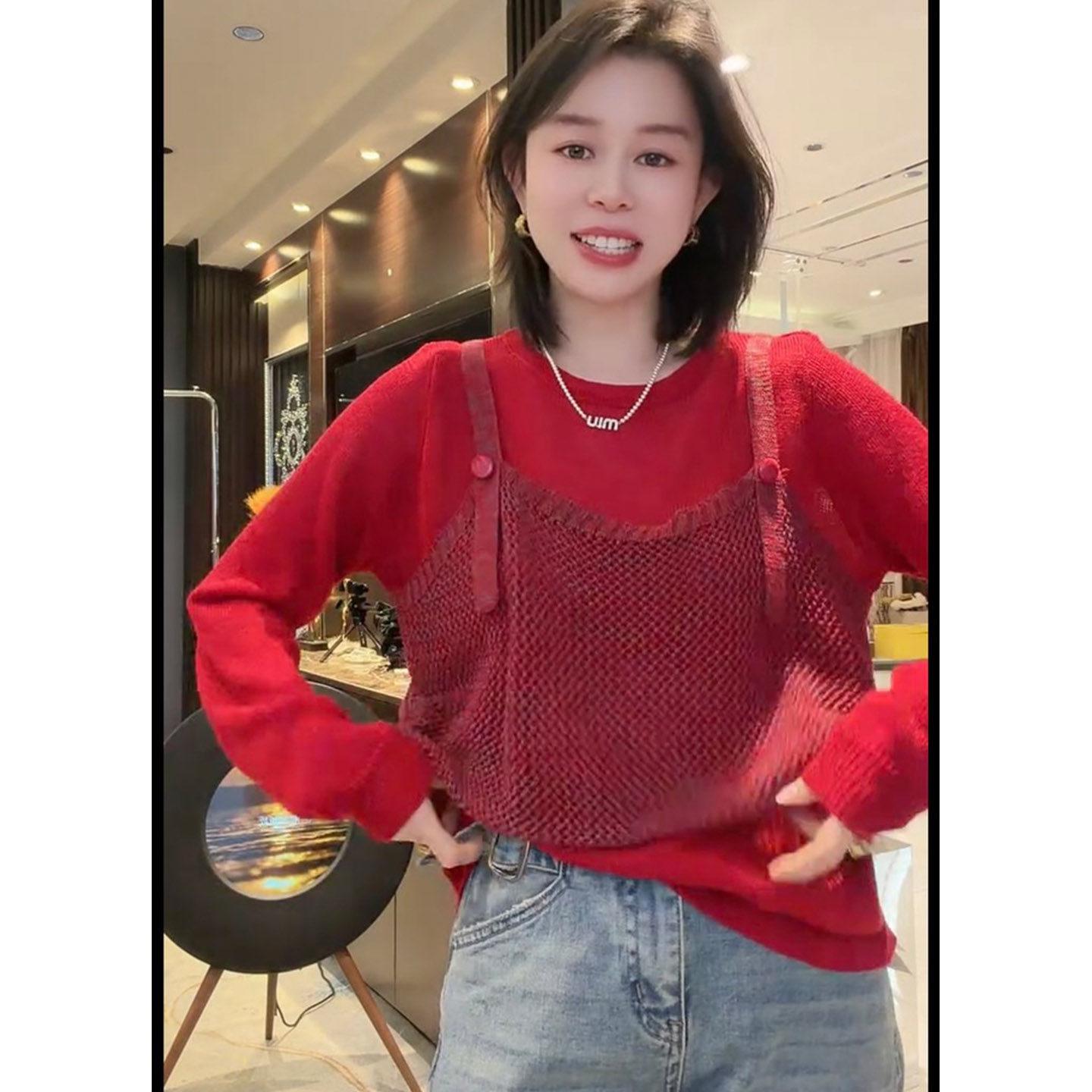 European Style Women s Winter Red Knitwear Patchwork Outfit - Trendy Year of the Rat New Year Design 3XL (140-160 Jin)