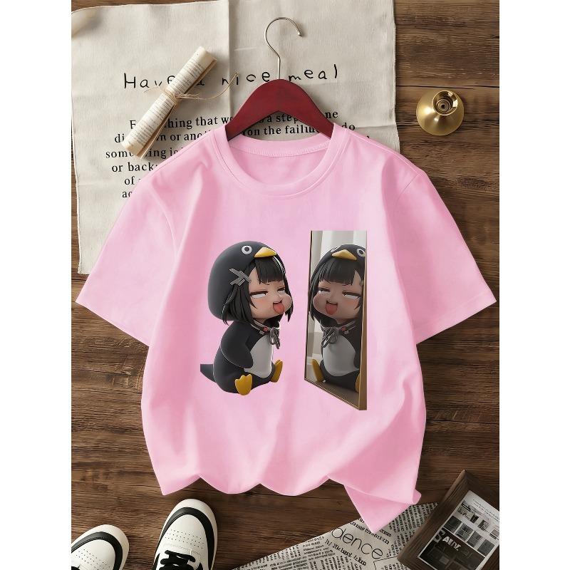 European sizes Girls' Summer Girl Group Cartoon Style Short Sleeve T-Shirt, Cute Idol Fashion Print, Breathable And Non-Stuffy Clothing