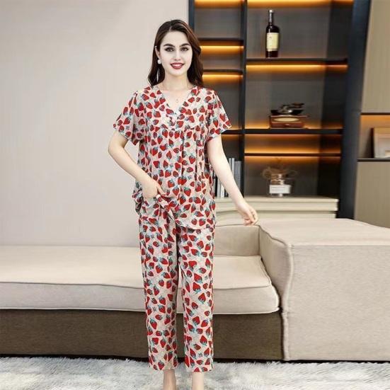 Women's Cotton Pajamas Set Short Sleeve Top Long Pants Casual Two-Piece Sleepwear Set Summer Plus Size Thin Loungewear for Elderly Mom