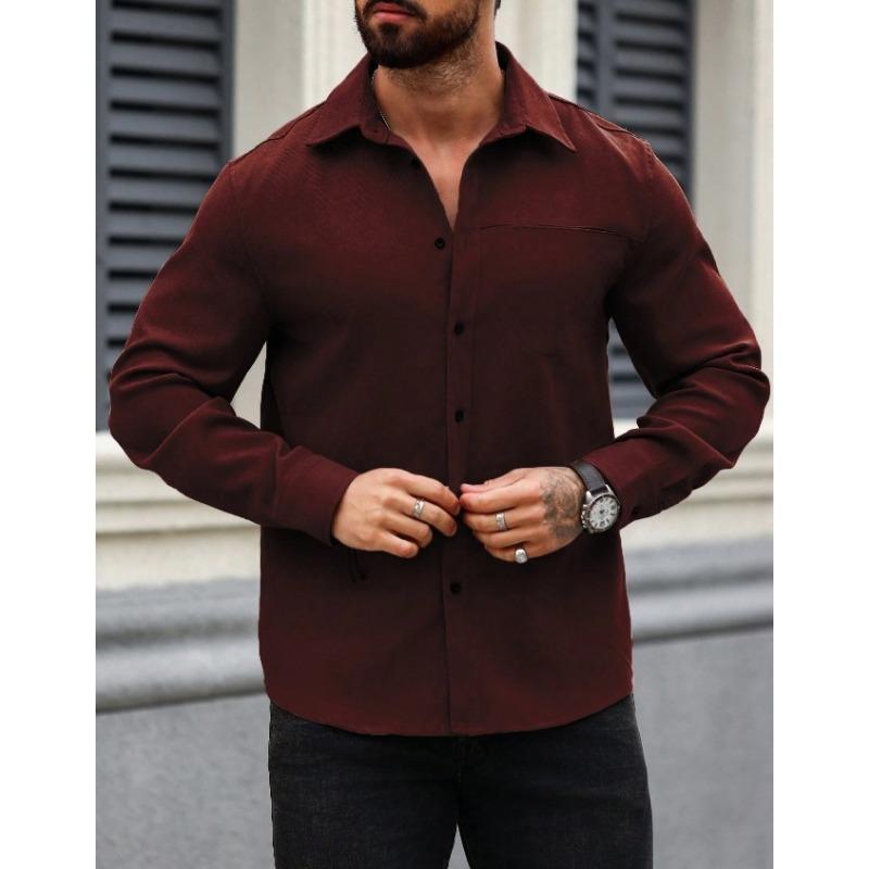 Men European American Solid Color Button Down Long Sleeve Casual Shirt With Pocket