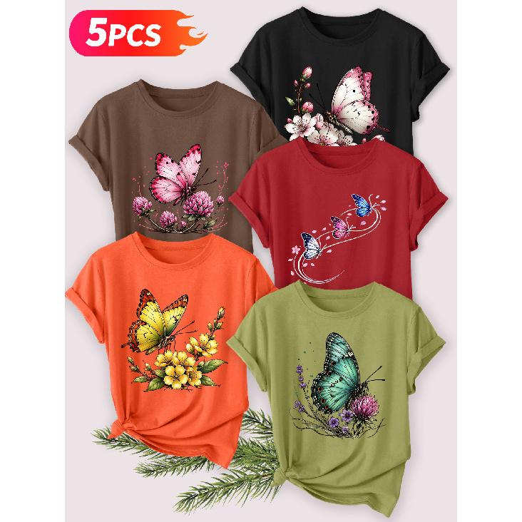 2026 5 Pack Women Short Sleeve T Shirts Clover Butterfly Gradient Blue Butterfly Lavender Realistic Floral Print Elegant Daily Tops