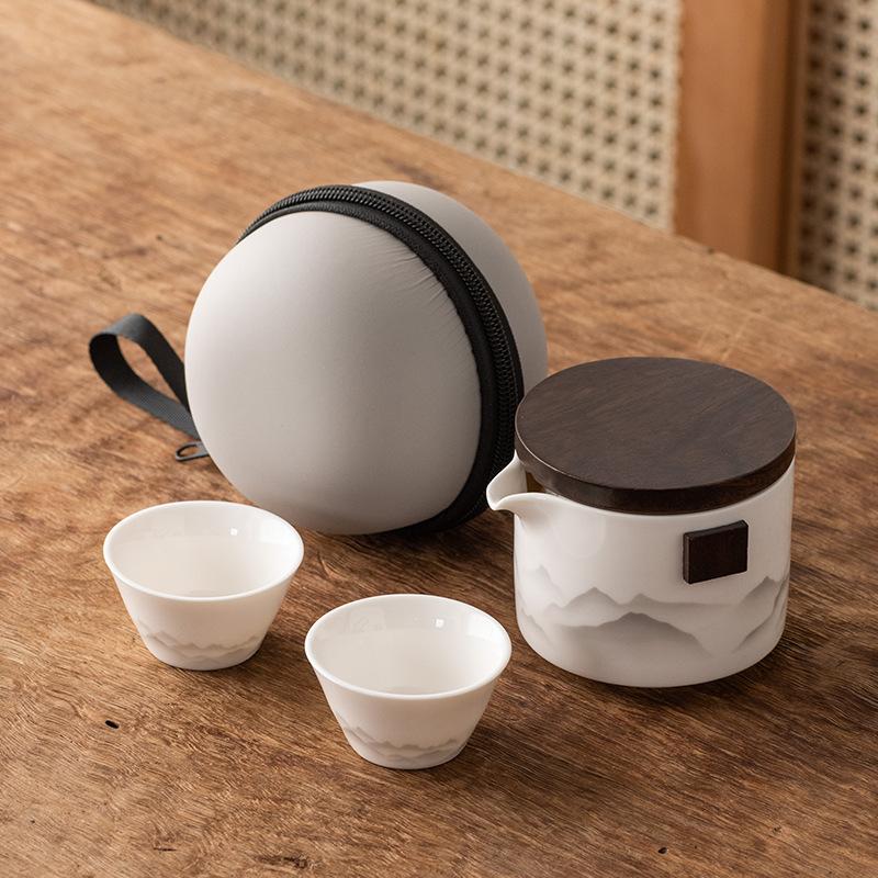 Guochao Travel Tea Set Portable Chinese Style Ink Painting Suet Jade White Porcelain Business Gifts Kuaike Cup