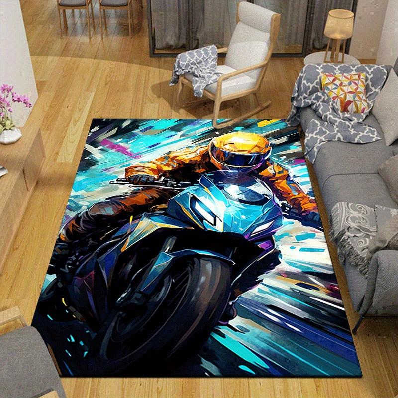 1pc Motorcycle Racer Pattern Area Rug, Anti Slip Non Shedding Stain Resistant Carpet