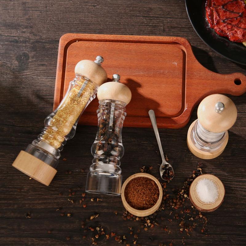 Wood Pepper Grinder Mill, Acrylic Sea Salt Shaker With Adjustable Coarseness, Refillable Manual Ceramic Core Spice Crusher