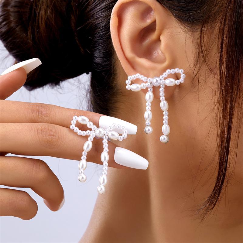 Vintage Imitation Pearl Bowknot Drop Earrings for Women Handmade Beads Long Hanging Earrings Girls Party Wedding Jewelry Gift
