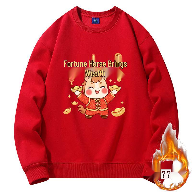 2026 Year of the Horse Red Zodiac Hoodie Fleece-Lined Loose Fit Long Sleeve Men's Clothing