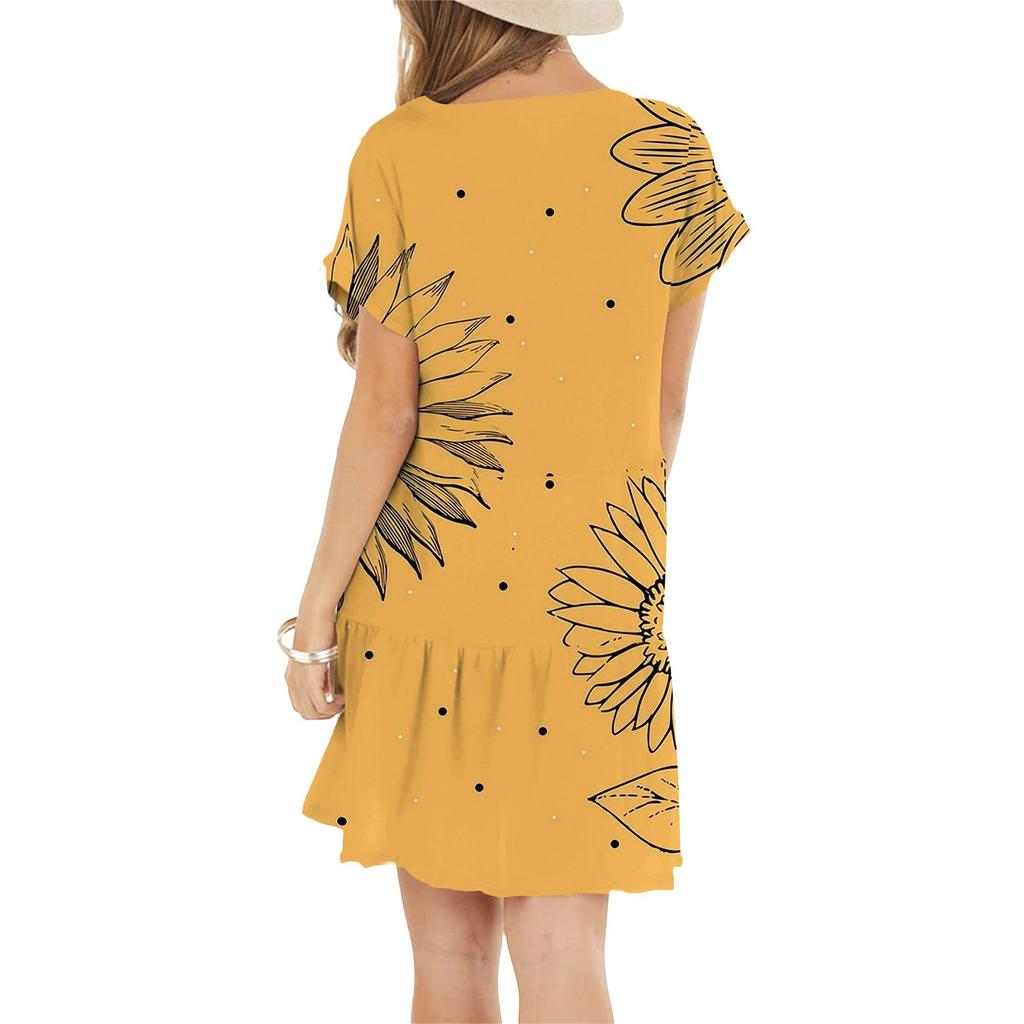 Women's Fashion Casual Round Neck Short Sleeve Ruffled Vintage Printed Dresses