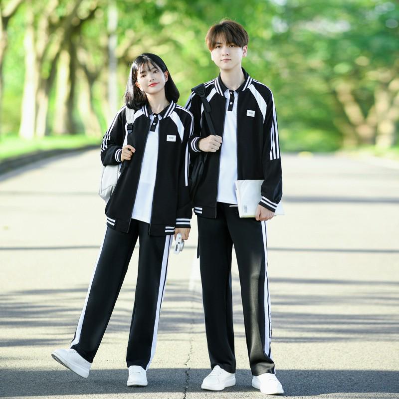 College Style Black Baseball Jacket Set for Students – 3-Piece Autumn Sports School Uniform