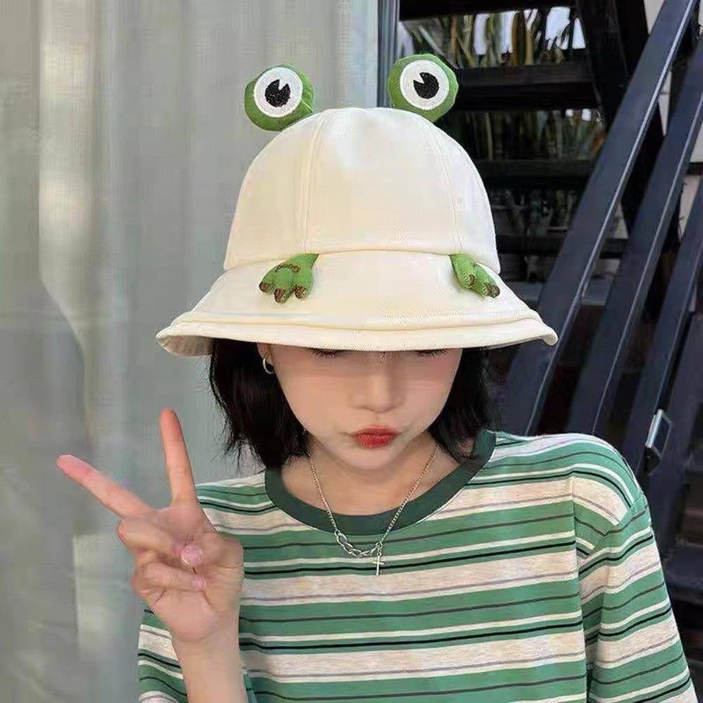 

Cotton Material Big Eyes Frog Bucket Hats Cute Design Wild Panama Hats Basin Hats Women Wear бежевий