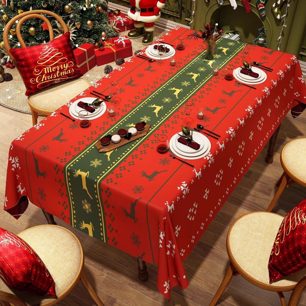 Christmas Tablecloth, Waterproof and Oil Resistant Dining Table Mat, Red Long Strip Party Decoration and Arrangement Tablecloth