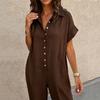 Womens Short Sleeve Button Down Loose Fit Jumpsuit Casual Wide Leg Romper with Pockets for Daily Wear