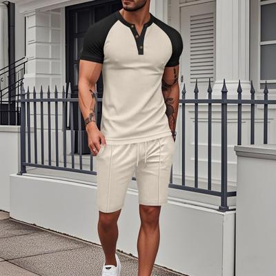 Summer Fashion V-neck Casual Fashion Patchwork Short Sleeve T-shirt Elastic Waist Shorts Set Male Tee Suit Men