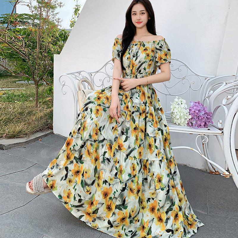 Bohemian Maxi Dress With Elastic Waist For Summer Beach Vacation And Artful Style