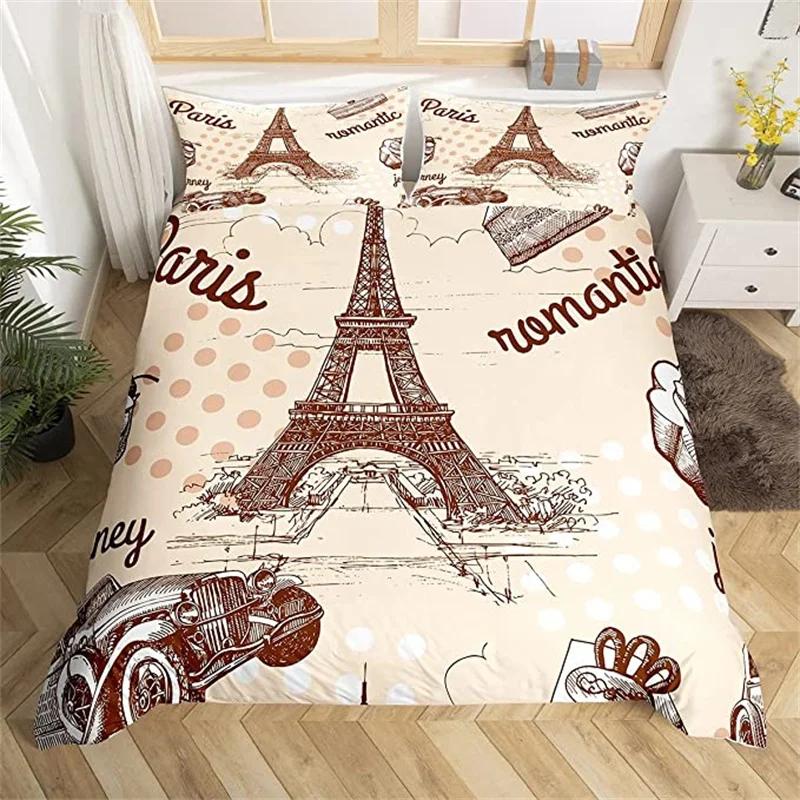 Paris Eiffel Tower Duvet Cover Set Twin King Cherry Blossoms Comforter Cover Microfiber Romantic Theme Bedding Set For Girl Teen