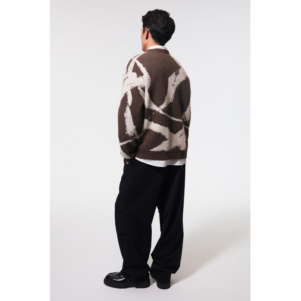 H M Loose Fit Jacquard Knit juMper Brown Pattern