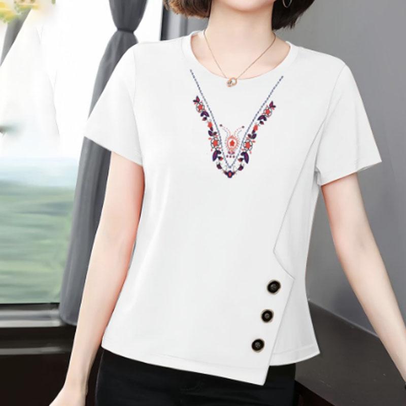 Summer Pure Cotton Short Sleeved Top for Women Summer Plus Size Loose Middle-aged Mother All Cotton Half Sleeved T-shirt