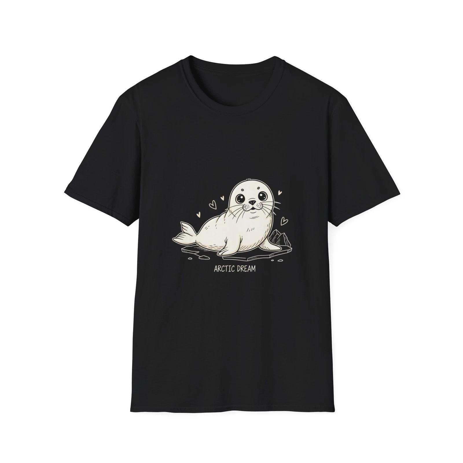 Seal Cute Cartoon Arctic Black Tee Nature Animal Graphic T-Shirt L
