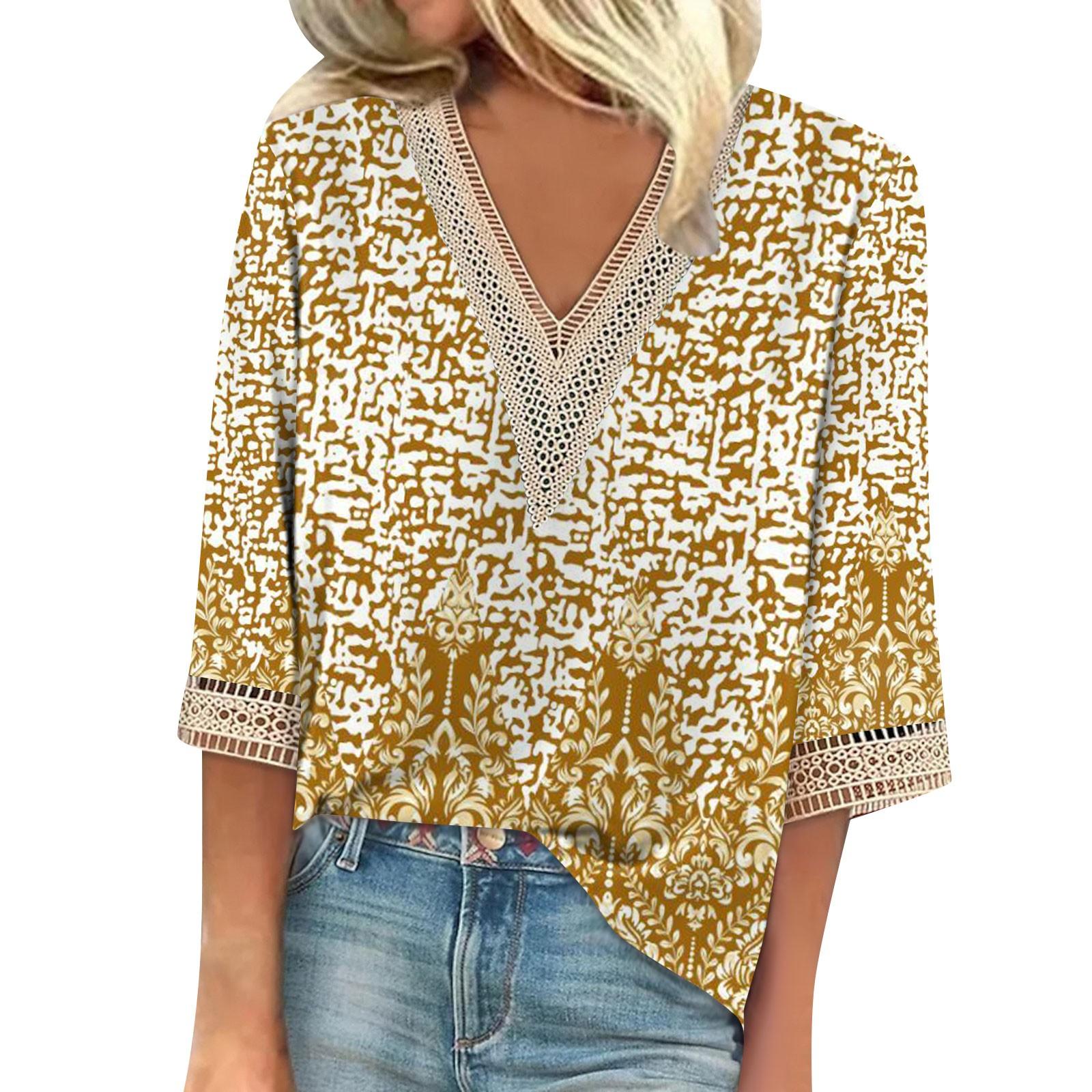 

Женская рубашка-блузка Повседневные свободные рубашки с рукавами 3/4 и кружевной отделкой Топы с v-образным вырезом и принтом Топы с принтом Футболки Футболки XXXL жёлтый