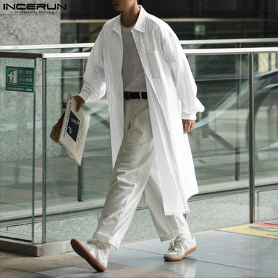 Oversized Men Lapel Neck Long Sleeve Striped Loose Long Tunic Casual Shirts