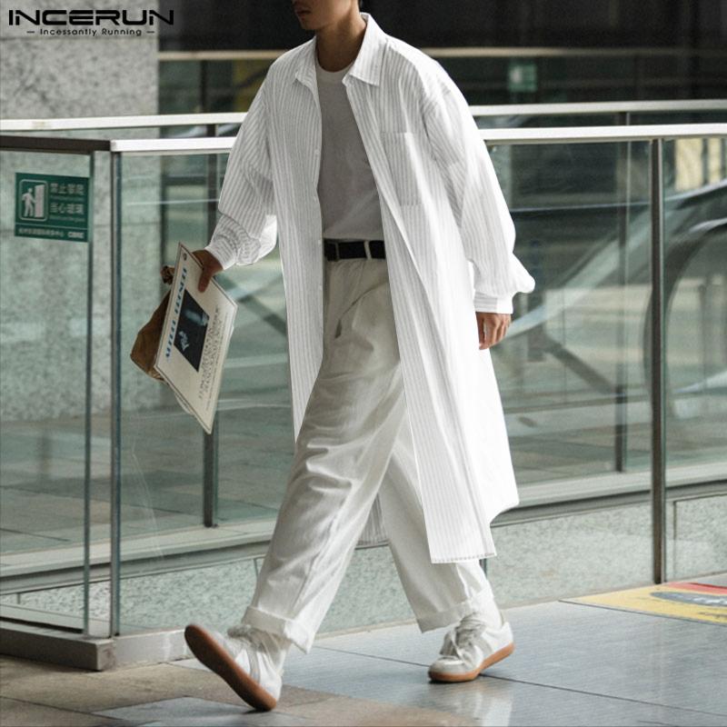 INCERUN Oversized Men Lapel Neck Long Sleeve Striped Loose Long Tunic Casual Shirts