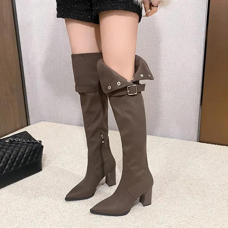 Women Over The Knee Boots Suede Sexy High Heels Ladies Buckle Long Boots New Warm Female Shoes Slim Thigh High Boots Party Pumps