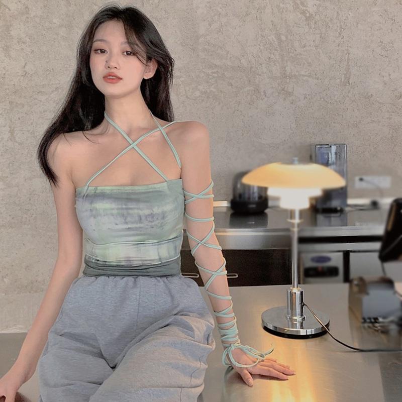 Women's Tie Dye Bandage Halter Slim Navel Exposed Camisole Tank Tops