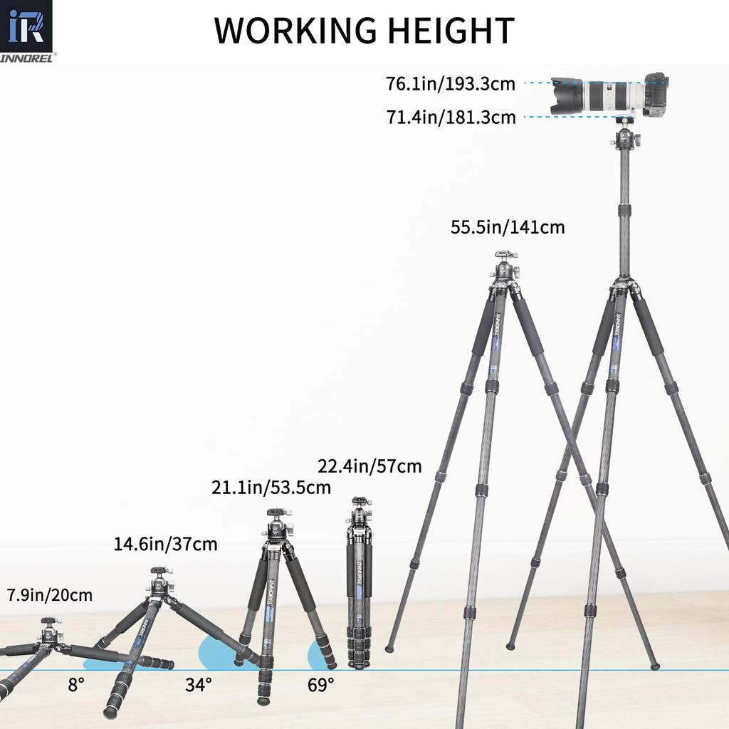 INNOREL Carbon Fiber Camera Tripod with Ball Telescopic Extendable Working Pipe 25kg Maximum Load Panoramic Macro Video Digital Portable Tripod with