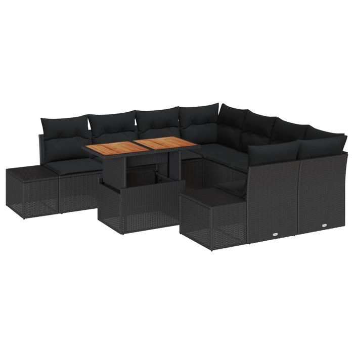 VidaXL Ensemble de salle à manger de jardin de 9 pièces avec coussins en poly rotin noir et acacia 3349946