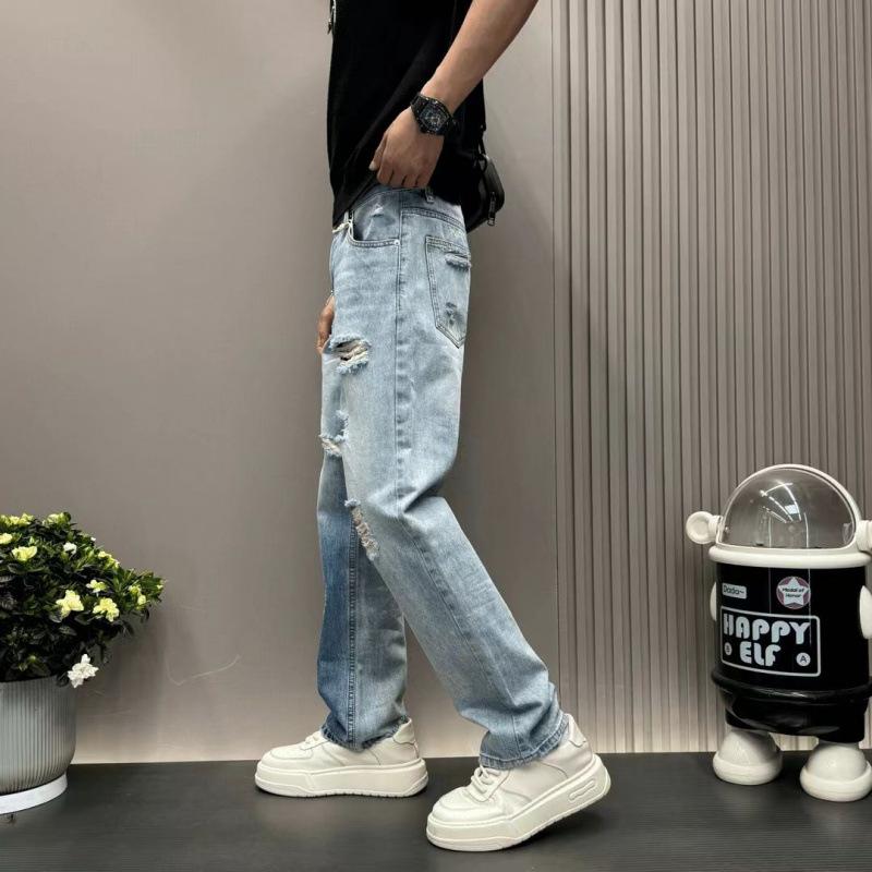 Summer thin American high street ripped beggar jeans men loose straight casual ruffian handsome retro long pants men