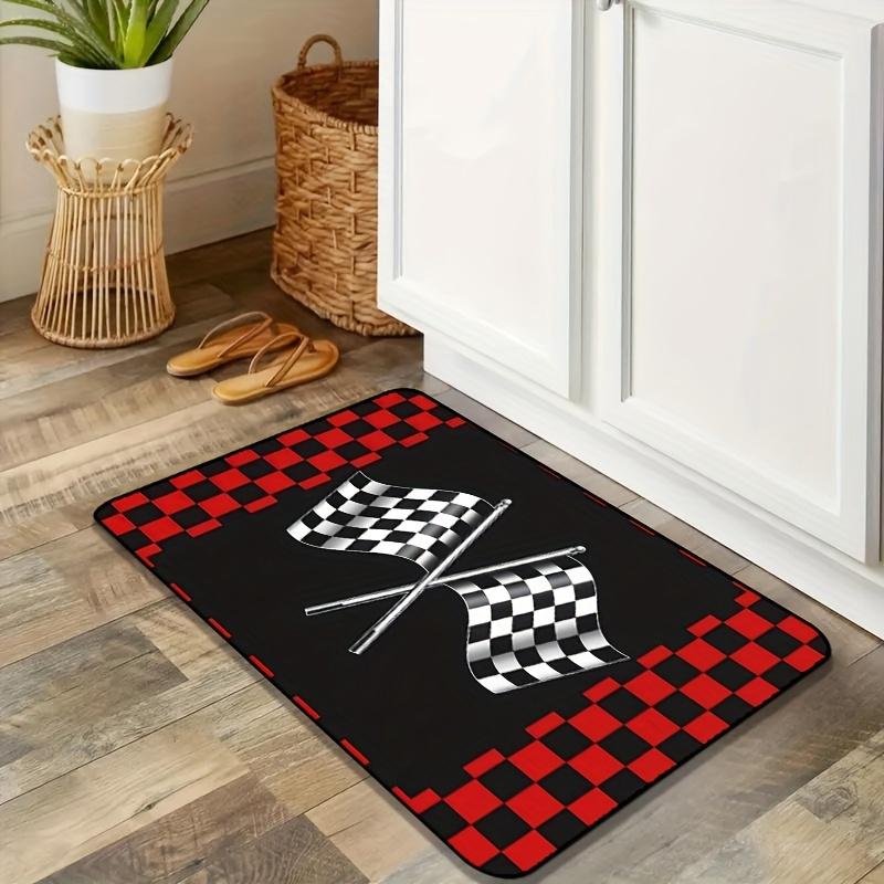 Racing Flag Checkered Red Geometric Mat, Non-Slip Machine Washable Fade-Resistant Rug for Multi-Room Farmhouse Decor