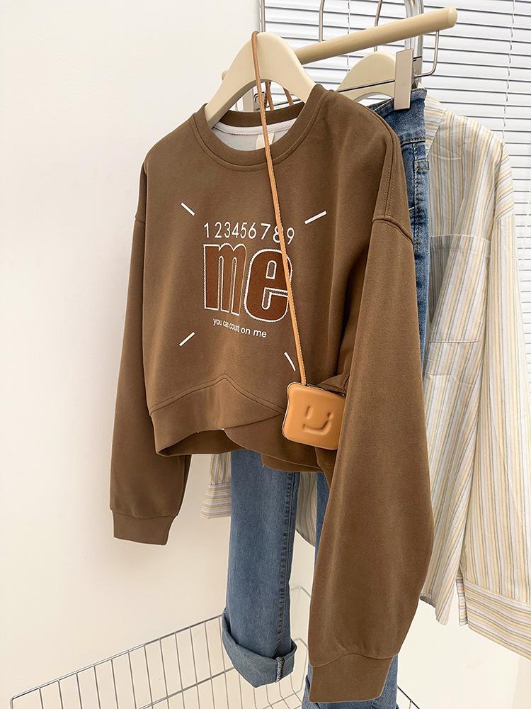 Large American Print Round Neck Pullover: Belly-Covering, Casual, Versatile Long Sleeve Cropped Sweater