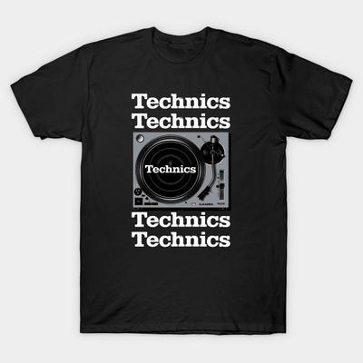 Męska Czarna Koszulka z Nadrukiem Technics 1200 Gramofon Druk na Papierze Transferowym Bez Cięcia Bawełniana Koszulka