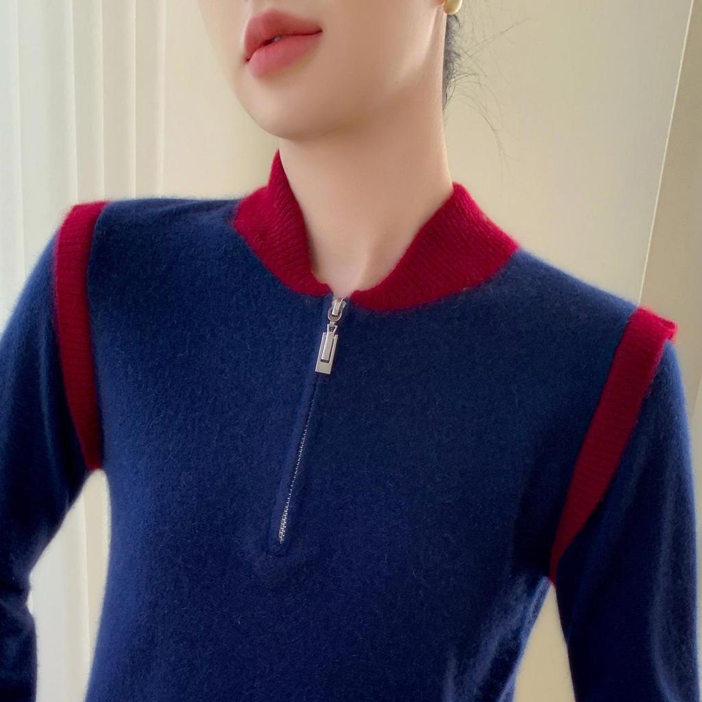 New Style Women's Half-Zip Color-Block Cashmere Sweater - Autumn/Winter Slimming Knit Double-Layer Collar Top