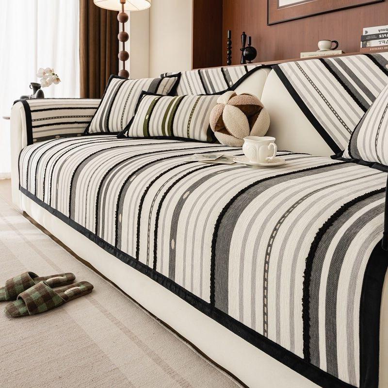 Chenille Sofa Cover, Non-Slip Sofa Protector, Striped Couch Cover for Double Sofa, Universal Fit, Four Seasons