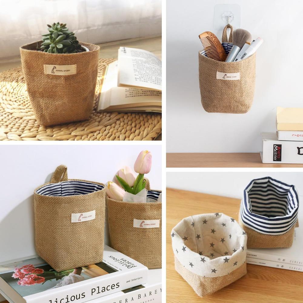 3 PCS Mini Hanging Storage Bag Cotton Linen Small Storage Basket Wall Hanging Storage Pouch Foldable Storage Box Family Organizer Decorative Bag