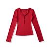Women's V Neck Button Long Sleeve Slim Fit Top Stretch Solid Color Basic Tee