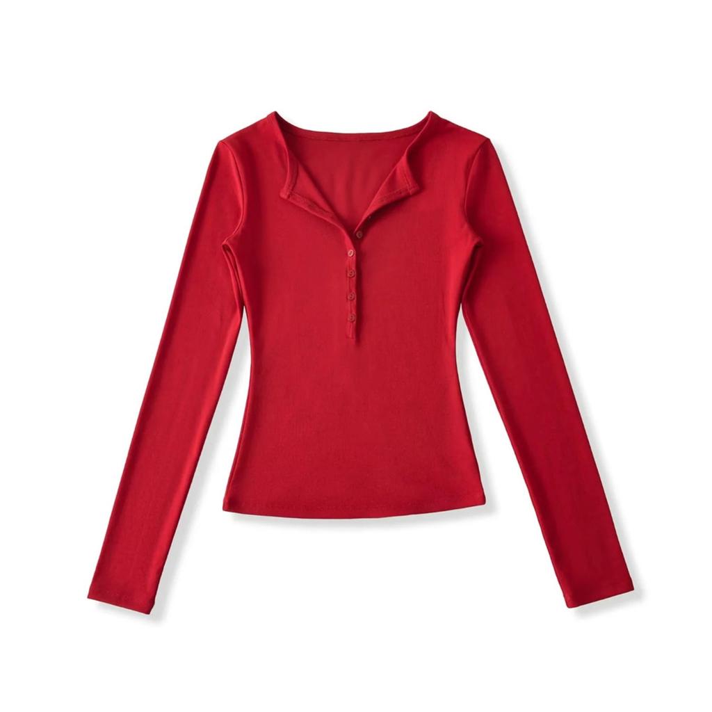 Women's V Neck Button Long Sleeve Slim Fit Top Stretch Solid Color Basic Tee