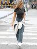 2024 Women's European American Ribbed Slim Fit Sports Top, Solid Color Short Sleeve T-shirt