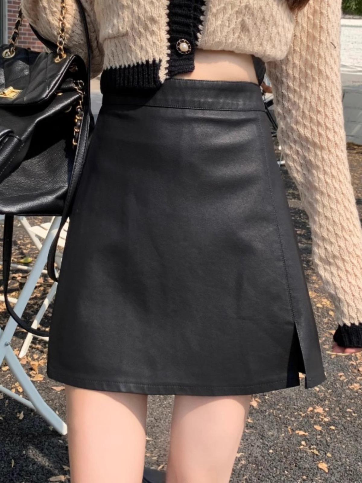 

Women s High Waist PU Leather Mini Skirt - Slimming A-Line with Slit, Petite Fit (Autumn/Winter 2023 Collection) XS чёрный
